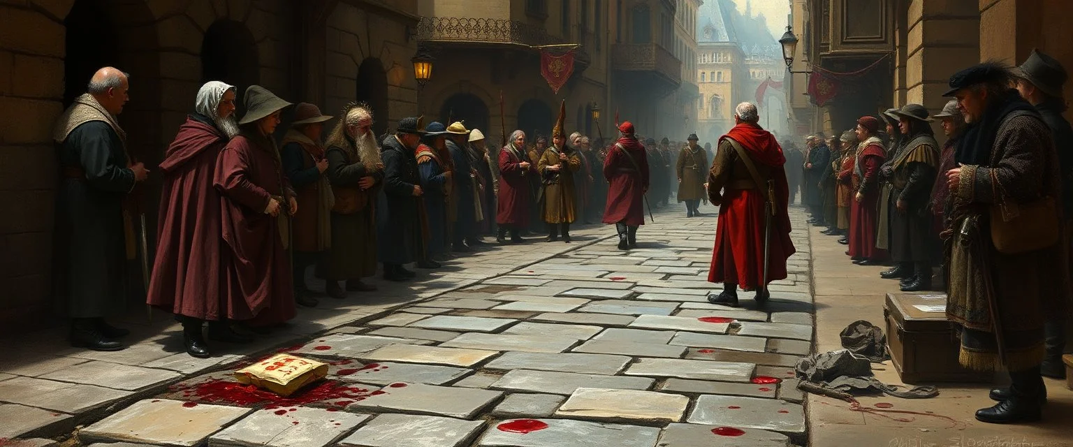 d&d fantasy art, style of Rembrandt,Dead drop discovery: While walking, a party member stumbles upon a small, blood-stained package hidden in a gutter. It contains a coded message to a cult of the Dead Three. 9-10 Parade of the Patriars: A noble's procession blocks the street. The crowd is forced to bow, and guards roughly shove anyone who doesn't move quickly enough.