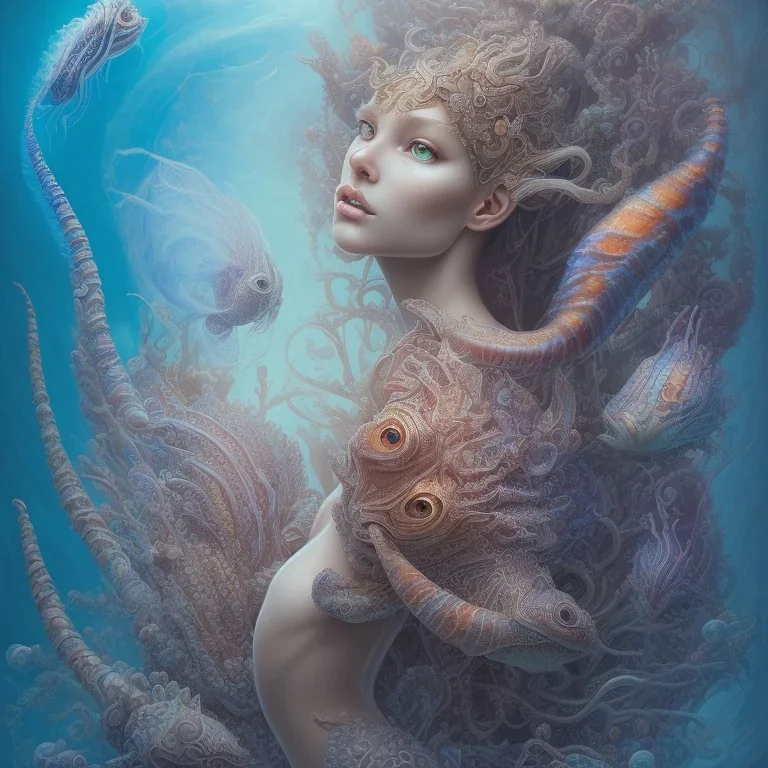 sango fantasy, fantasy magic, intricate, sharp focus, illustration, highly detailed, digital painting, concept art, matte, artgerm and paul lewin and kehinde wiley, masterpiece sexy lips African lady body mermaid lionfish head turquoise space lady beach sea under water mermaid seaweed