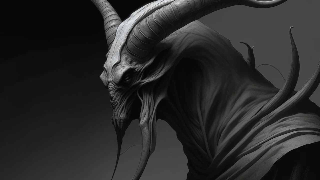 A black and white, close-up, profile shot of a creature's head and shoulders. The creature has a long, narrow snout, large, curved horns, and a textured, wrinkled neck. It is wearing a dark, hooded robe. A faint, circular halo-like shape is visible behind its head. The background is a dark, muted gray.
