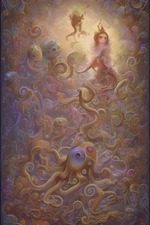 Octopuss naive artdream of flower meadowv with9 child girl sleeping and a unicorn