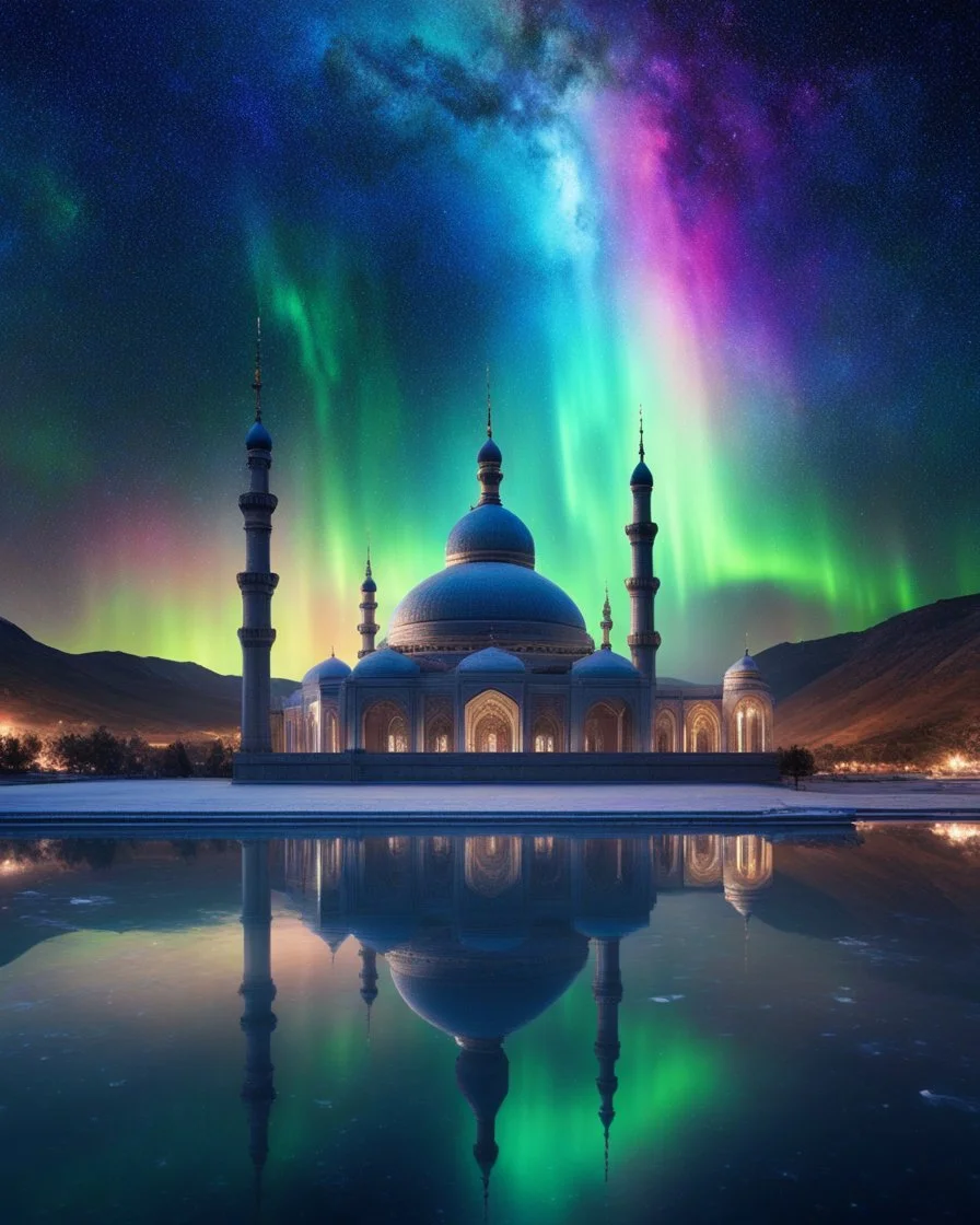 the night sky turned from the galaxy, space, futuristic Islamic Mosque surrounding ethereal space, cosmos,Aurora colors,water, panorama. Palace , Background: An otherworldly planet, bathed in the cold glow of distant stars. gloomy landscape with l dramatic hd highlights detailled