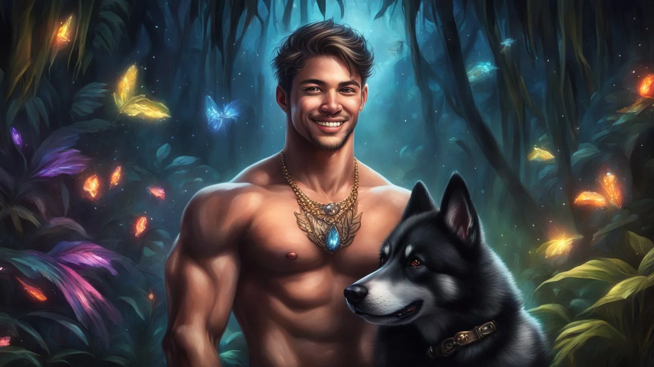 Hyper Realistic handsome muscular young king smiling & standing with his black husky in a dark mystical jungle at night with fireflies & colorful crystals