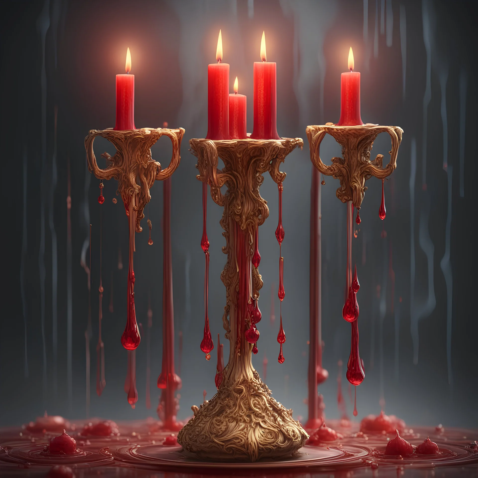 Red candles on a three-armed gold candlestick, dripping wax. Illustrative art, art interpretation, concept art, cgsociety contest winner, seasonal art, seasonal art HD, 4k, 8k, intricate, detailed, intricately detailed, luminous, translucent fantasy crystal, holographic data, soft body, shadow play, light, fog, atmospheric, cinematic, light film, hyper-detailed, hyper-realistic, masterpiece, atmospheric, high resolution, 8k, HDR, 500px, mysterious and artistic digital art, phototic, intricate, f