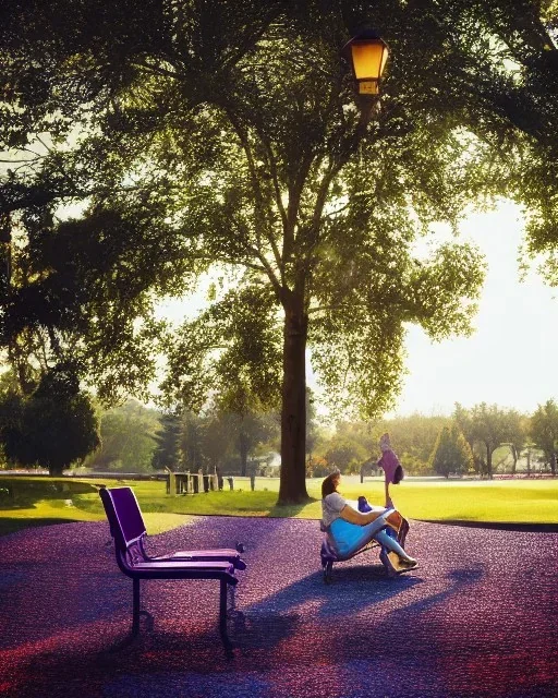 park mystical dream, park bench, man, woman, child, dog, pretty blue and purple trees, blue path, bird, jogger, sunshine, mystical, fantasy, romanticism, cinematic, cinematic lighting, award-winning, beautiful colors, daylight, daytime,