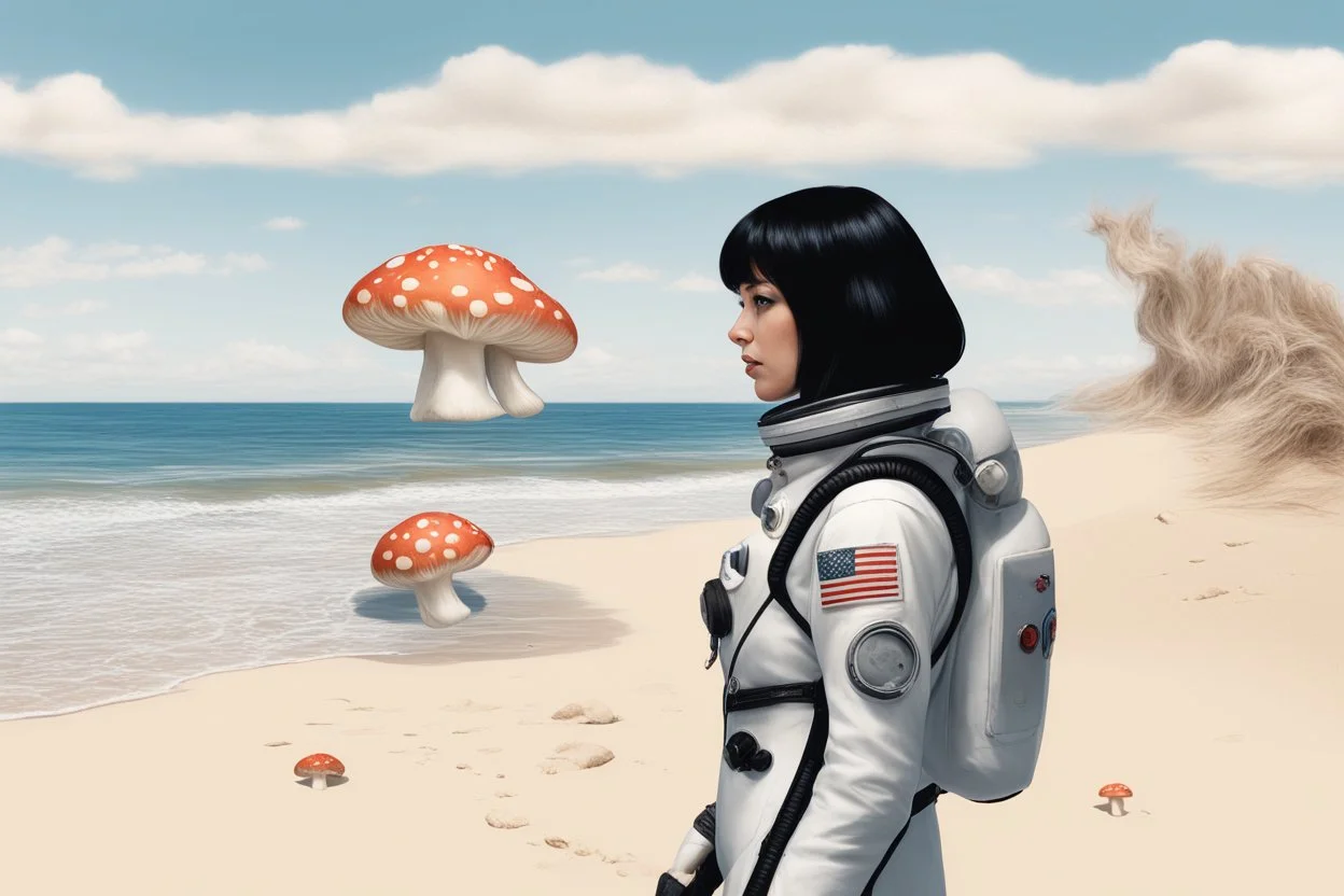 Photorealistic slim woman with black hair in a space suit, looking out over a sandy beach next to a sea, with flying mushrooms with octopus tentacles