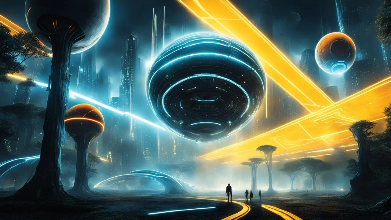 tron legacy movie, matrix universe, creatures,, space ships, city of the future, trees , forest, yellow, blue, red, orange, realistic, , space, planets, god creations