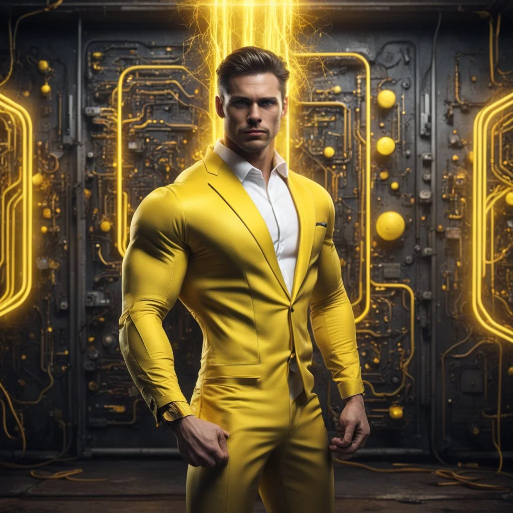 Hyper Realistic handsome muscular Electric-Superhero wearing fancy yellow tuxedo in a dark-rustic-circuit-room with electric-sparks & a massive circuit-board-wall