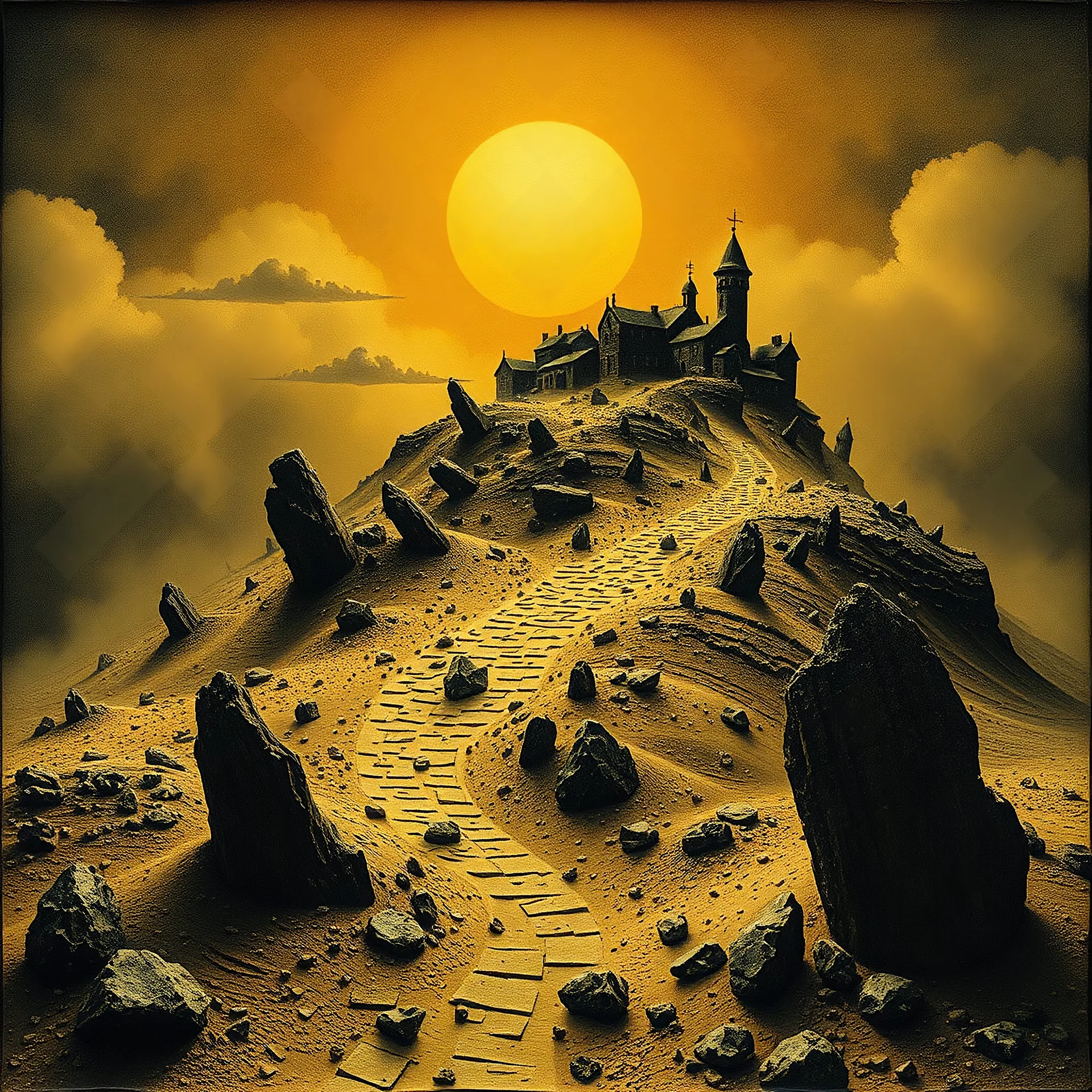 A wasteland with village on the top of a hill, creepy, details of the dust very accentuated, Max Ernst, glossy organic mass, adorned with minerals and rocks. Decal, bas-relief. Bathed in intense light, eerie, Max Ernst style, black sun, fog