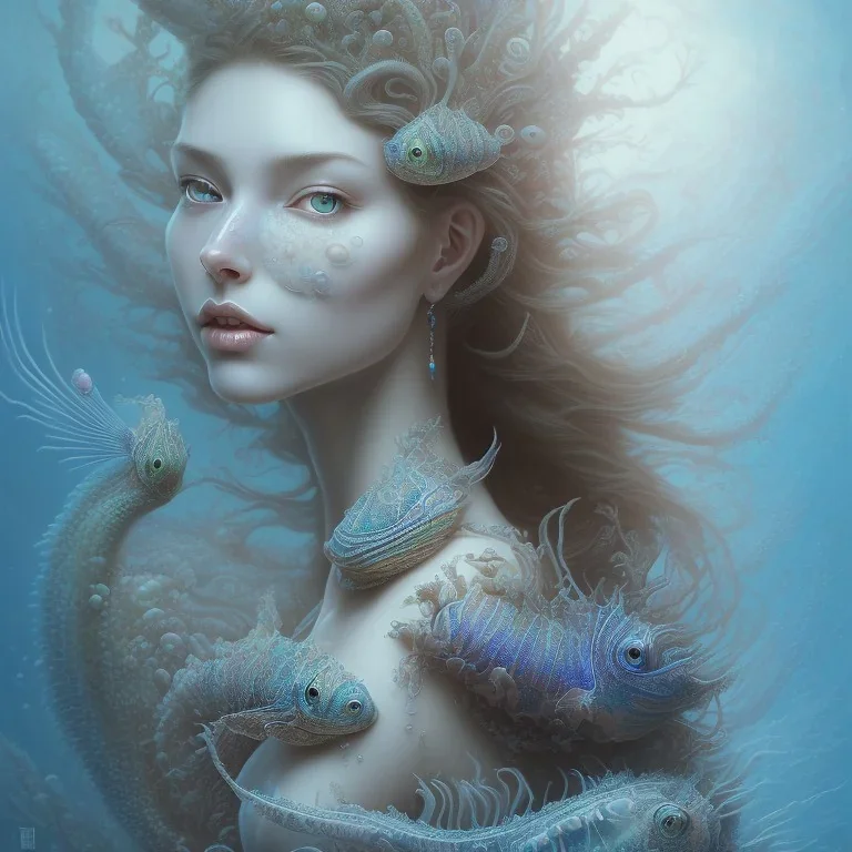 sango fantasy, fantasy magic, intricate, sharp focus, illustration, highly detailed, digital painting, concept art, matte, artgerm and paul lewin and kehinde wiley, masterpiece sexy lips Asain lady body mermaid lionfish head turquoise space lady beach sea under water mermaid seaweed