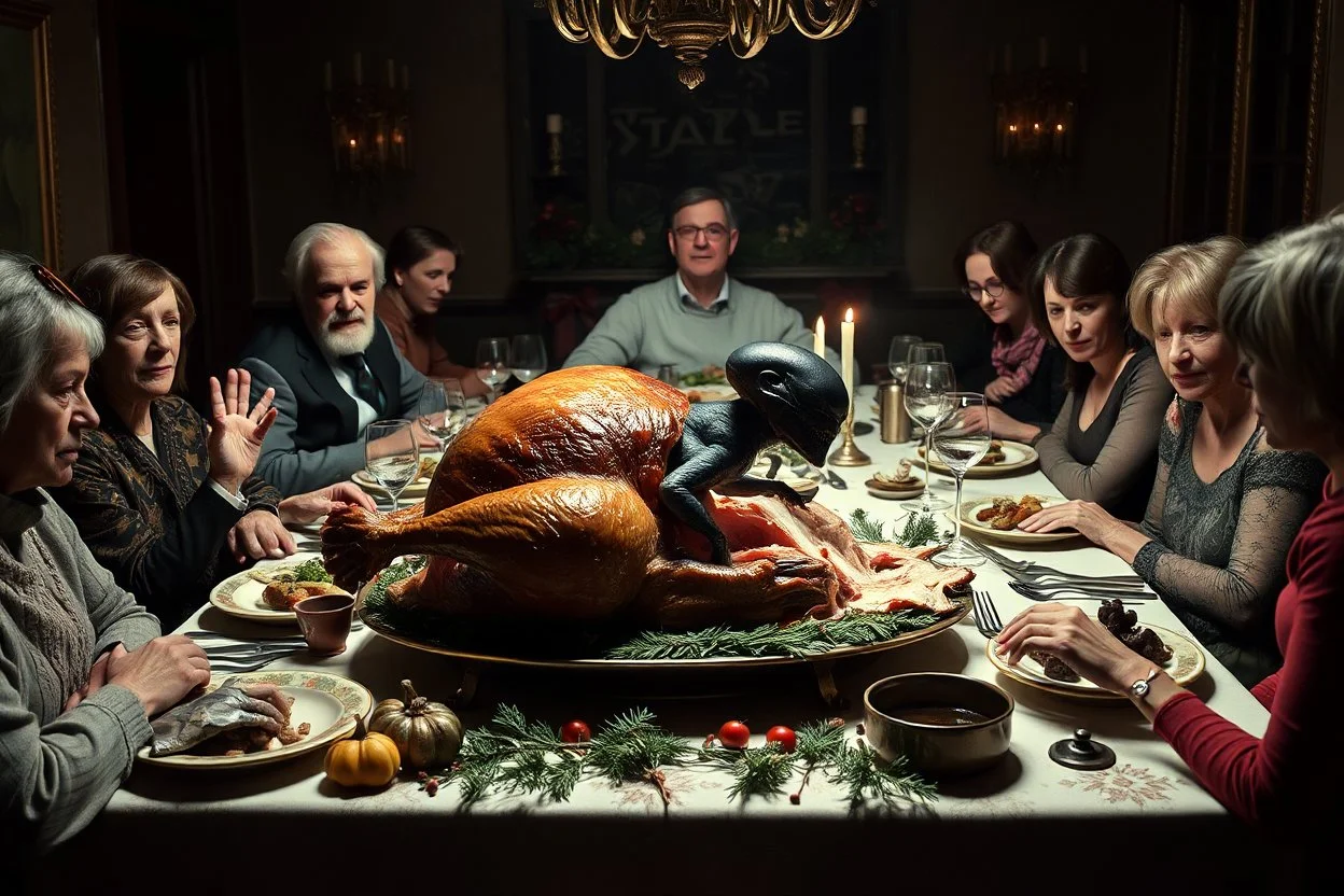 Christmas dinner table with extended family in sitting politely around table with a large oozing roasted turkey on a platter with a baby xenomorph bursting from out of the turkey, visceral, unsettling, by Joel-Peter Witkin and Laurie Lipton, color photograph, weirdcore, sharp focus, dynamic lighting, 8K resolution