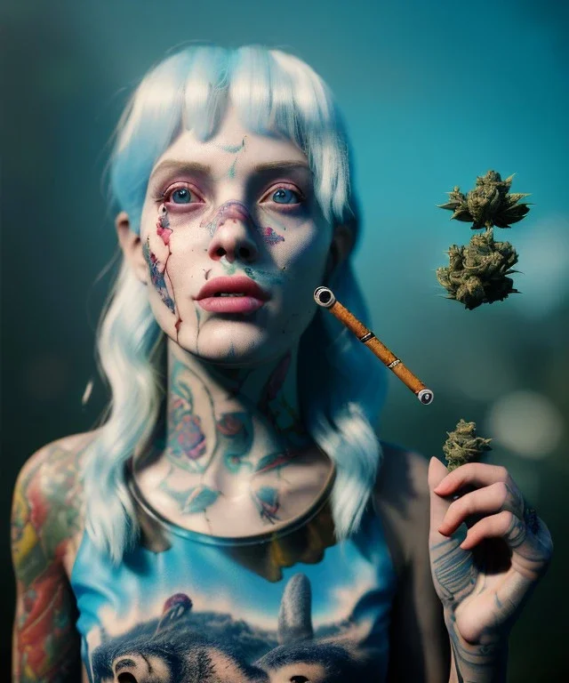 Ultra realistic wonderland photo, happy blonde woman smoking a pipe, old school tattoo, white rabbits, blue circus dress style, smoke, marijuana garden, glow eyes, perfect iris, party people, soft color, highly detailed, unreal engine 5, ray tracing, RTX, lumen lighting, ultra detail, volumetric lighting, high definition.