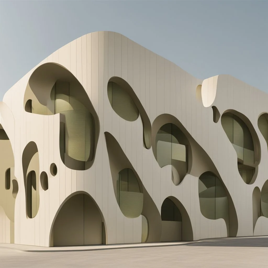 The facades of a building inspired by the olive kernel, presented in a minimalist and modern style.