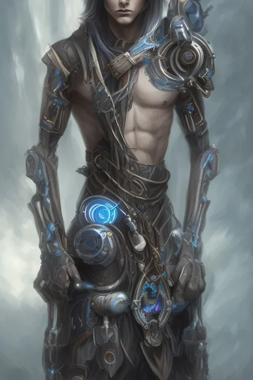 dark elf, male teenager, long white hairdo, blue irises, emaciated quadriplegic wearing a steampunk exoskeleton powered by gears, fantasy style