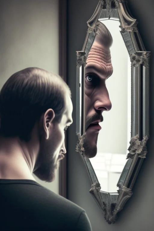 a man looking into a mirror and seeing a horrifying, abstract monstrous reflection