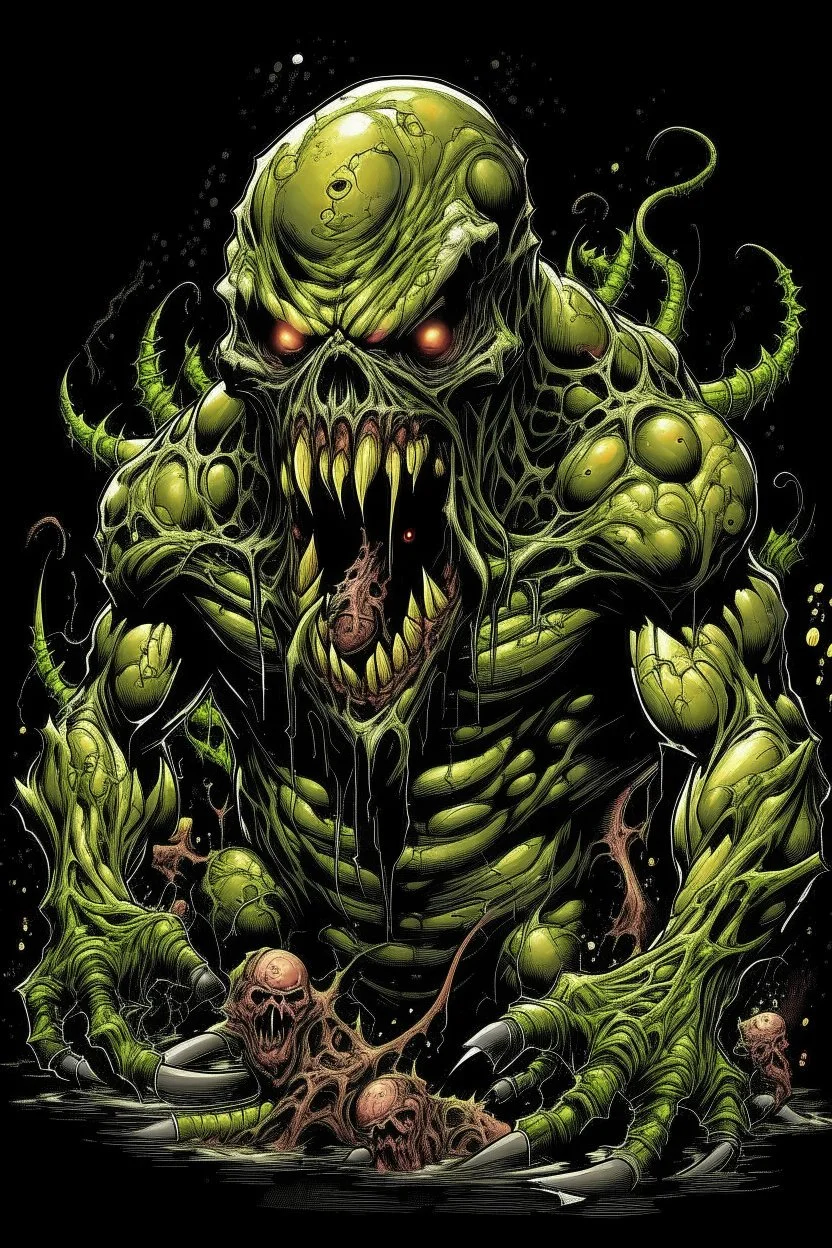 Science experiment Horror abomination mutant by Richard Corben, Todd Schorr, T-Shirt Design, Black Background