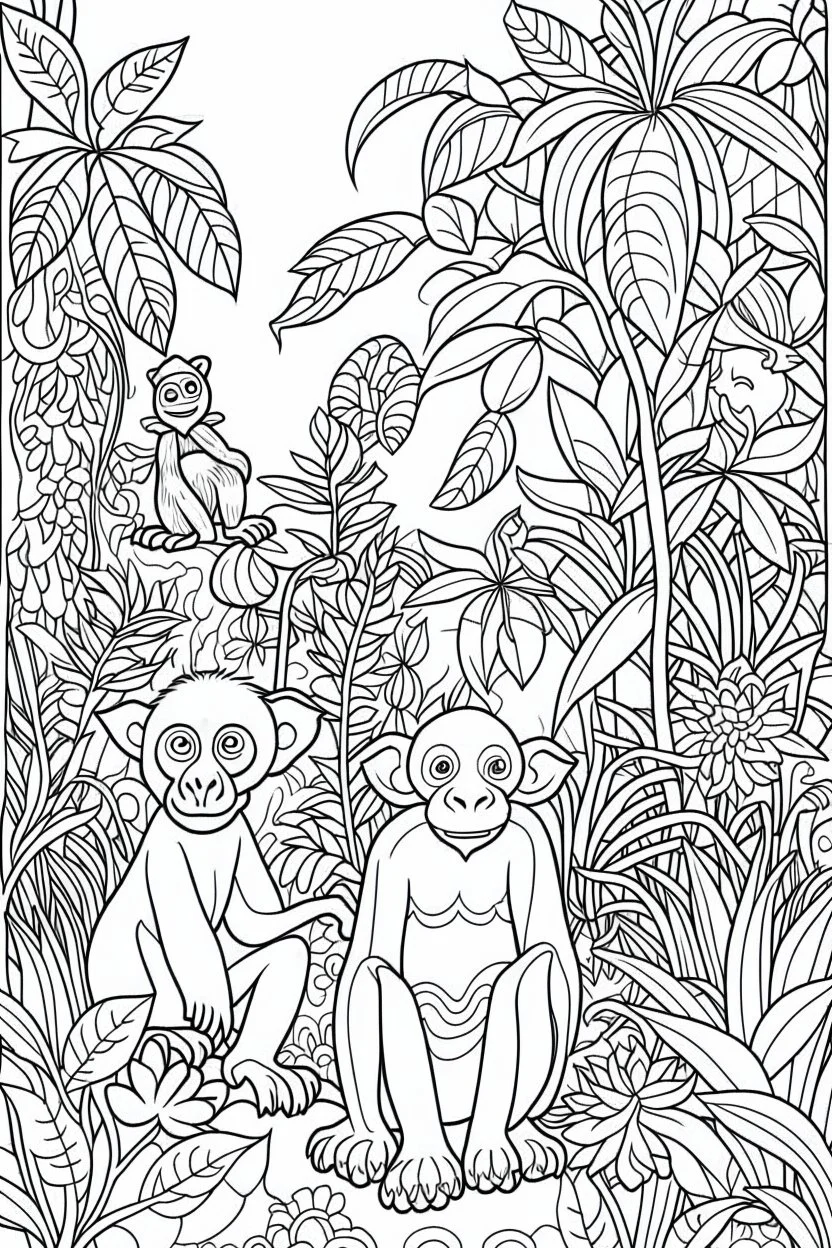 coloring page for kids, A cute, enchanting jungle with playful monkeys and exotic flora, thick outline, low details, no shading, no color