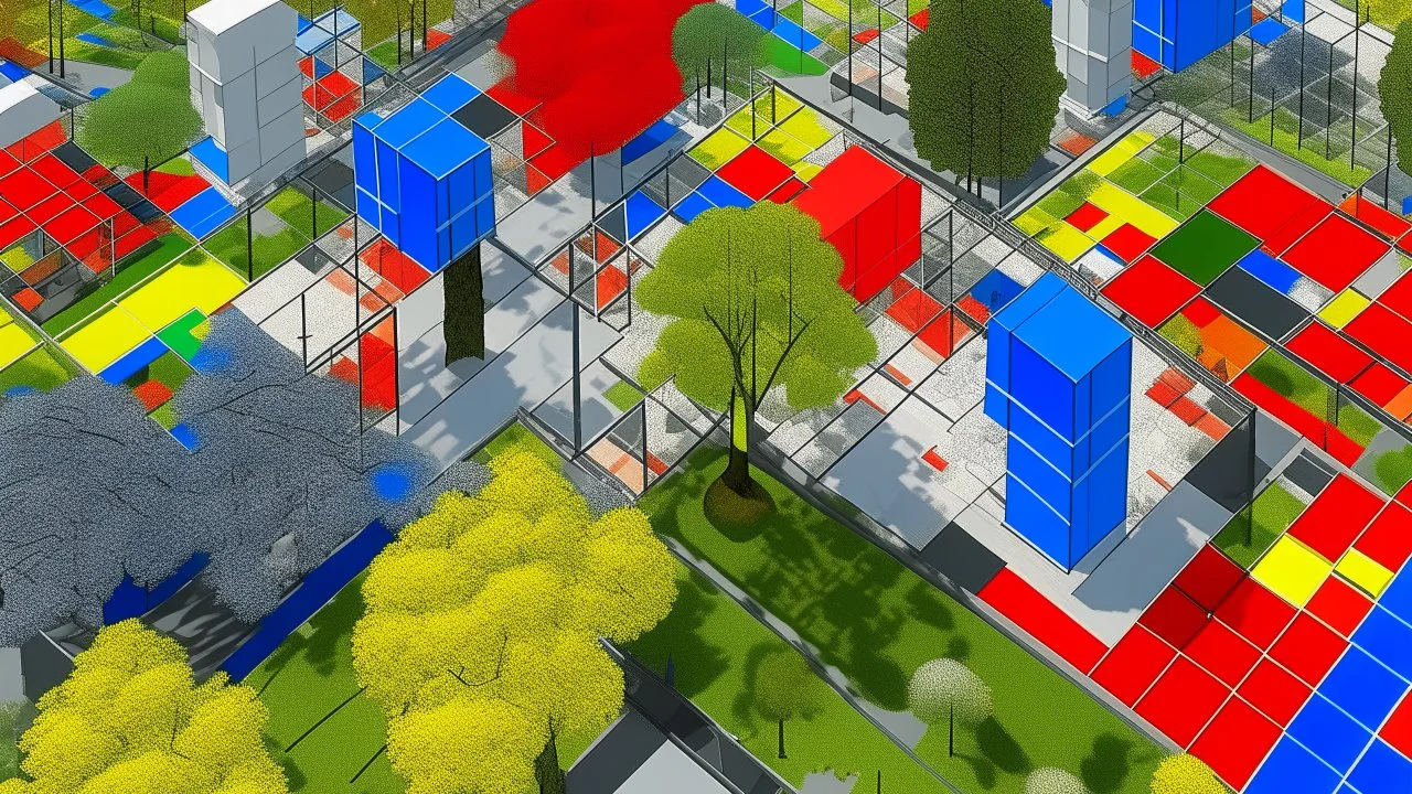 Aerial view of a Mondrian-style park, featuring a grid of rectangles in primary colors and white, with trees and people integrated into the design, digital art. A man, possibly in his 40s, is seen in the upper left, while another man, also likely in his 40s, is positioned in the upper right.