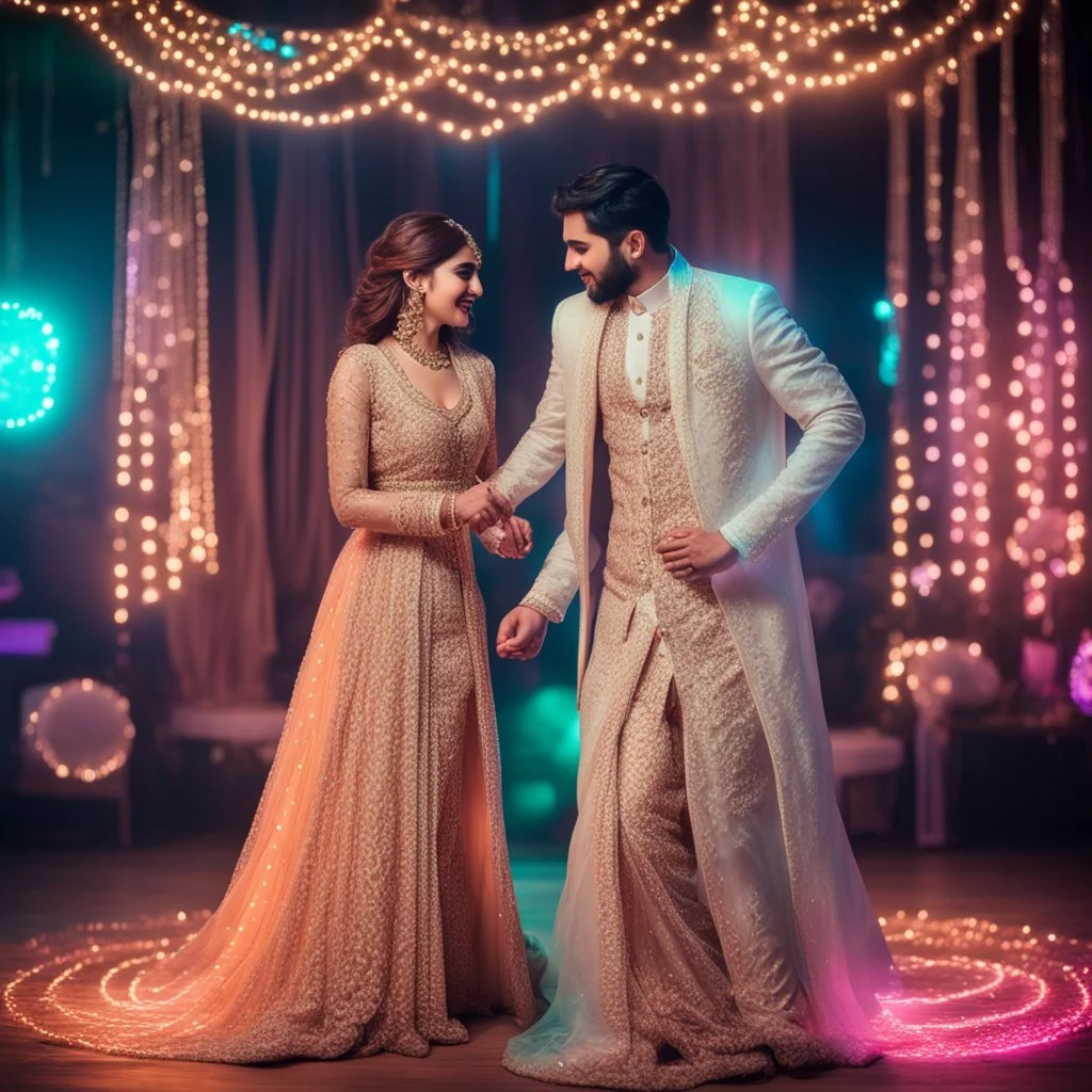 Hyper Realistic Beautiful Traditional Pakistani Couple groom sherwani & bride lehanga dancing on Valima Stage decorated with neon wedding lights at Night