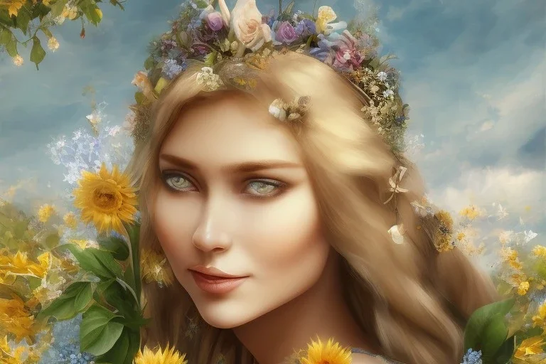 sunflower goddess smiling nude body blue eyes long hair blond