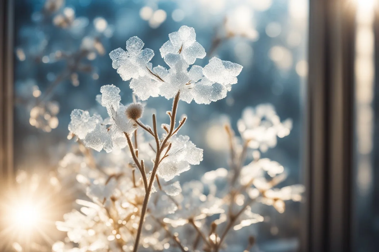 ice flowers on a window in sunshine, backlit, ethereal, cinematic postprocessing, bokeh, dof