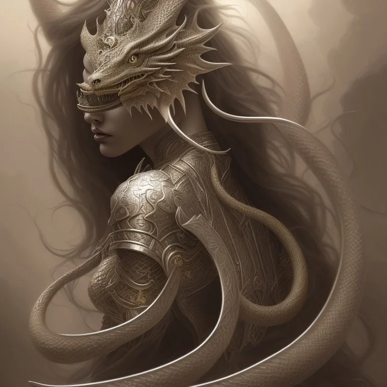 sango fantasy, fantasy magic, intricate, sharp focus, illustration, highly detailed, digital painting, concept art, matte, artgerm and paul lewin and kehinde wiley, masterpiece silver dragon head golden Asian nice breast Afo woman black waves