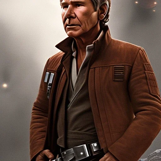 8K space background with stunning photo realistic detailed head to waist portrait of harrison ford as han solo in star wars with photo realistic short hair by Sergi Cadenas, Sharp focus, brown eyes, weathered skin,space jacket from star wars, cinematic lightning