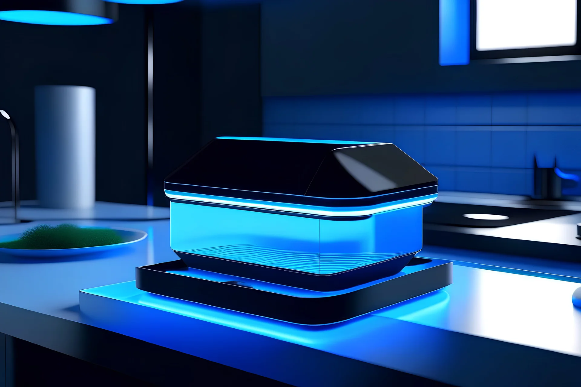 product design render on the table in the kitchen, A product that is rectangular parallelepiped with rounded corners with a opened cover, with a black touch display on the front side of procuct, minimal disign of white color, with some fish inside the product, blue uv light inside of product, photorealistic