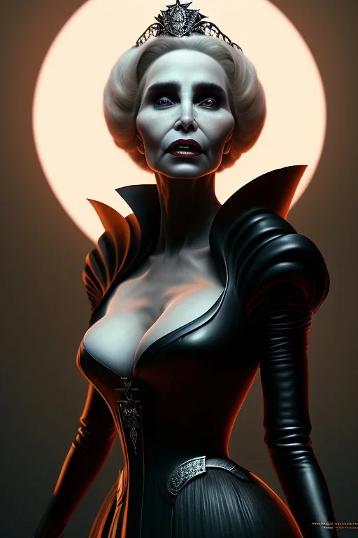 Constance Langdon as evil queen in black leather, leather, busty, cleavage, angry, stern look. character design by cory loftis, fenghua zhong, ryohei hase, ismail inceoglu and ruan jia. unreal engine 5, artistic lighting, highly detailed, photorealistic, fantasy