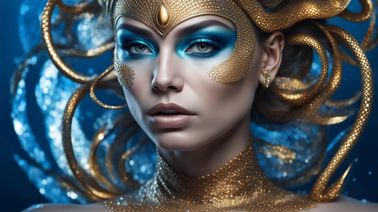 humanoid, double exposure, silver skin, fish scales, slender muscular warrior, tattoo, tentacles, gold, blue, copper-zinc orichalcum jewelry and piercing, beautiful face, mesmerizing starry eyes, smooth translucent skin, hourglass, glowing, glare, size DD.