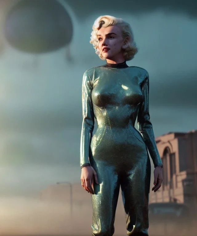 Ultra Realistic retro sci-fi 1960 scene, waist up view portrait, blonde woman, sweet young Marilyn Monroe face, perfect iris, tight latex coat, Strange planet background, Retro sci-fi style glass helmet, sphere dron, fog, rain, soft color, highly detailed, unreal engine 5, ray tracing, RTX, lumen lighting, ultra detail, volumetric lighting, 3d, finely drawn, high definition, high resolution.