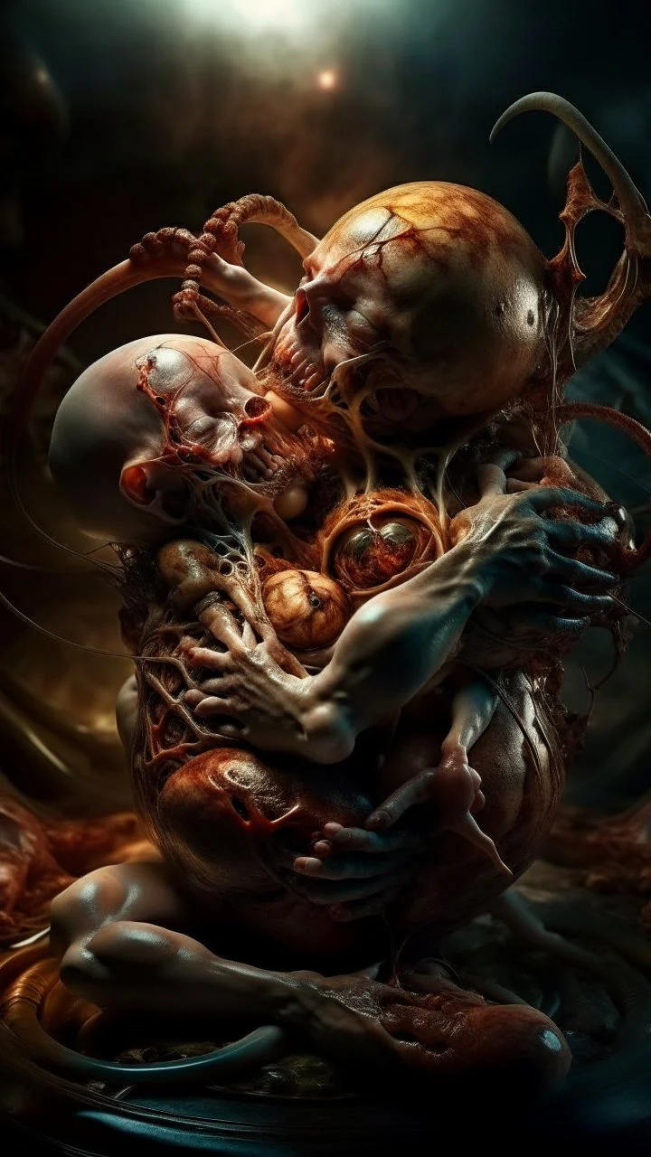 cinematic gore Bosch versus Dali style photorealistic fleshy vortex dmt lsd photo of 2 conjoined mangled insectoid embryonic bodies making love, 1 soul vortex, complementary, anatomically fragmented, ripped apart again being flayed, skinned alive. A beating heart, muscles, blood vessels, bowels, entrails are exposed. Visceral anatomy. physiology. Bosch and Dali inspired hallucinations. mythology. grotesque.