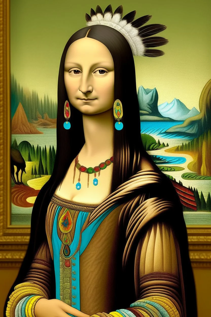 Mona Lisa wears a Pocahontas dress and a Native American feather on her head