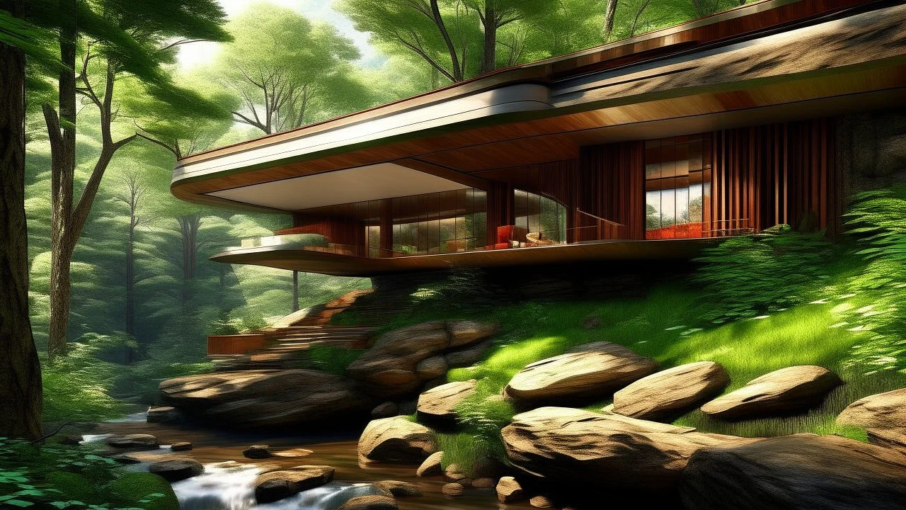 Contemporary house inspired by Frank Lloyd Wright, organic architecture integrated into the landscape, large horizontal cantilevers, natural stone and wood, panoramic windows, located in a lush forest beside a stream and natural rocks, abundant vegetation, soft light filtering through the trees, photorealistic render.