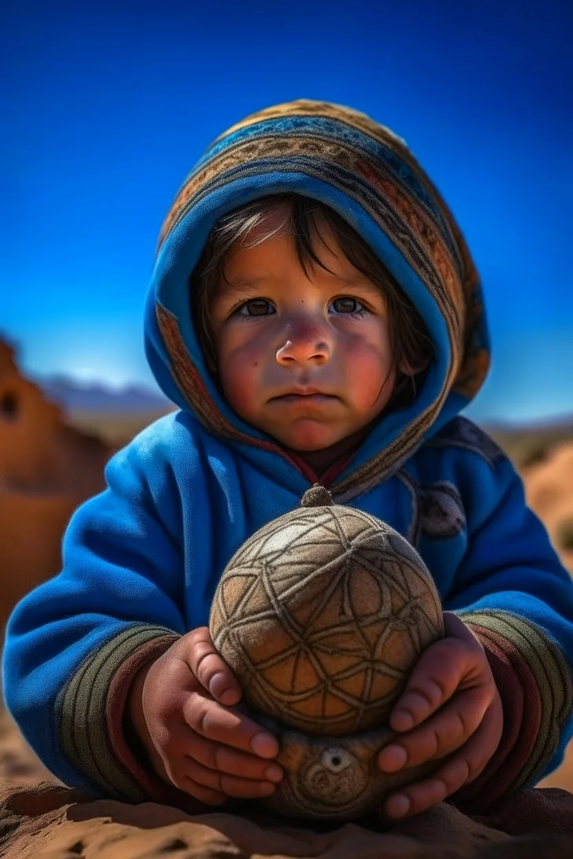 Berber child, detailed, hyper realistic, with twinkling eyes full of curiosity, playing with a handmade toy under the azure sky of a Moroccan desert village.