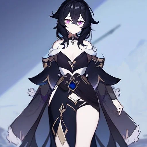 Clear focus, High resolution, rough line sketch art, long black hair, hair between eyes, fluffy hair, purple eyes, wearing a off shoulder shirt, no spaghetti strapes, dark aura, 1girl, wearing a skirt, genshin impact, wearing a little bit revealing outfit