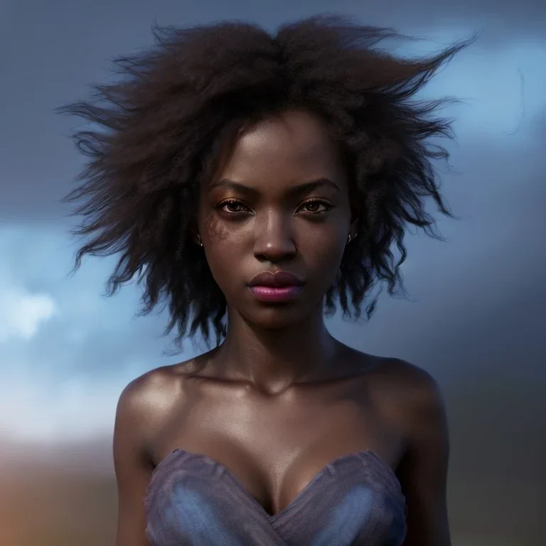 portrait, curly hair,african woman, dark brown eyes, final fantasy, ethereal, 8k quality, highly detailed, galaxy sky, dynamic lighting, rdshift difusion, clouds hair