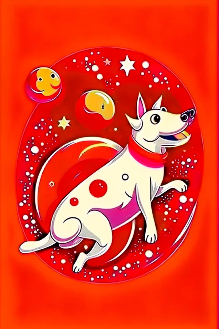 white and orange dog flies to the moon top of the a rocket