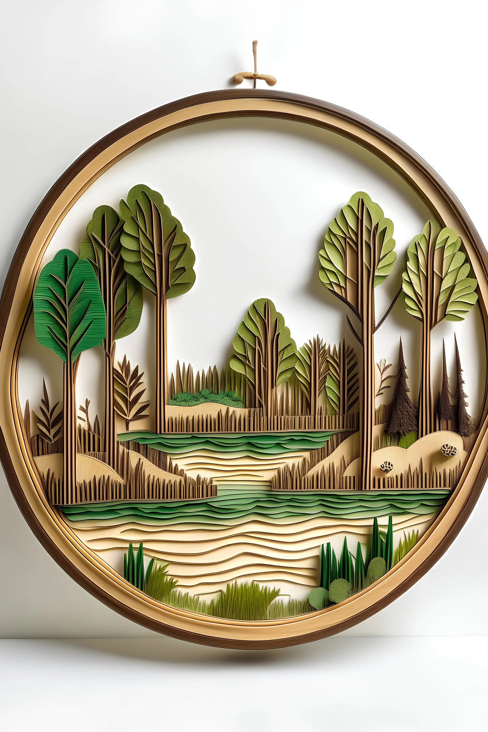 Generate an image of a 2d wall art tranquil forest scene crafted from mini thin wooden sticks and jute threads, capturing the essence of nature