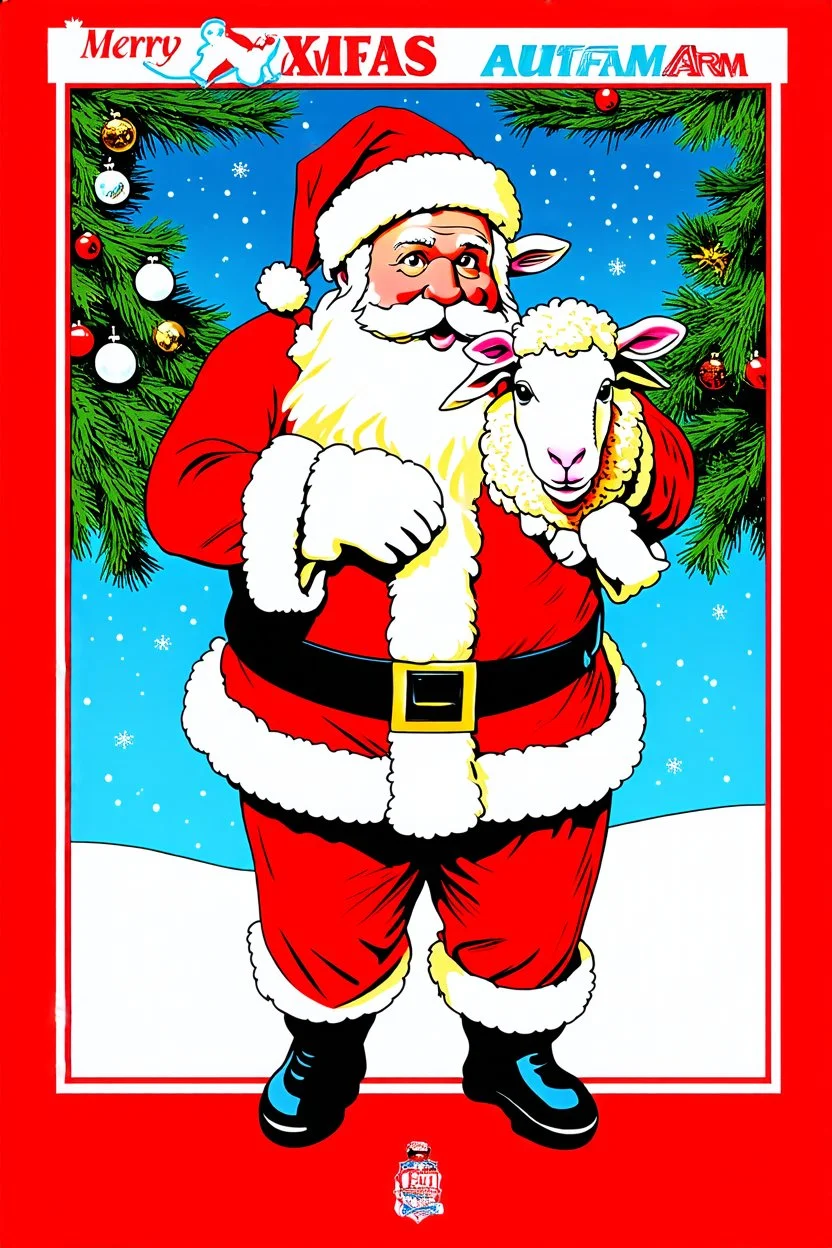 Santa mixed with a fluffy sheep, with title ( Merry xmas autofarm), 1990s style movie poster, national lampoons christmas vacation