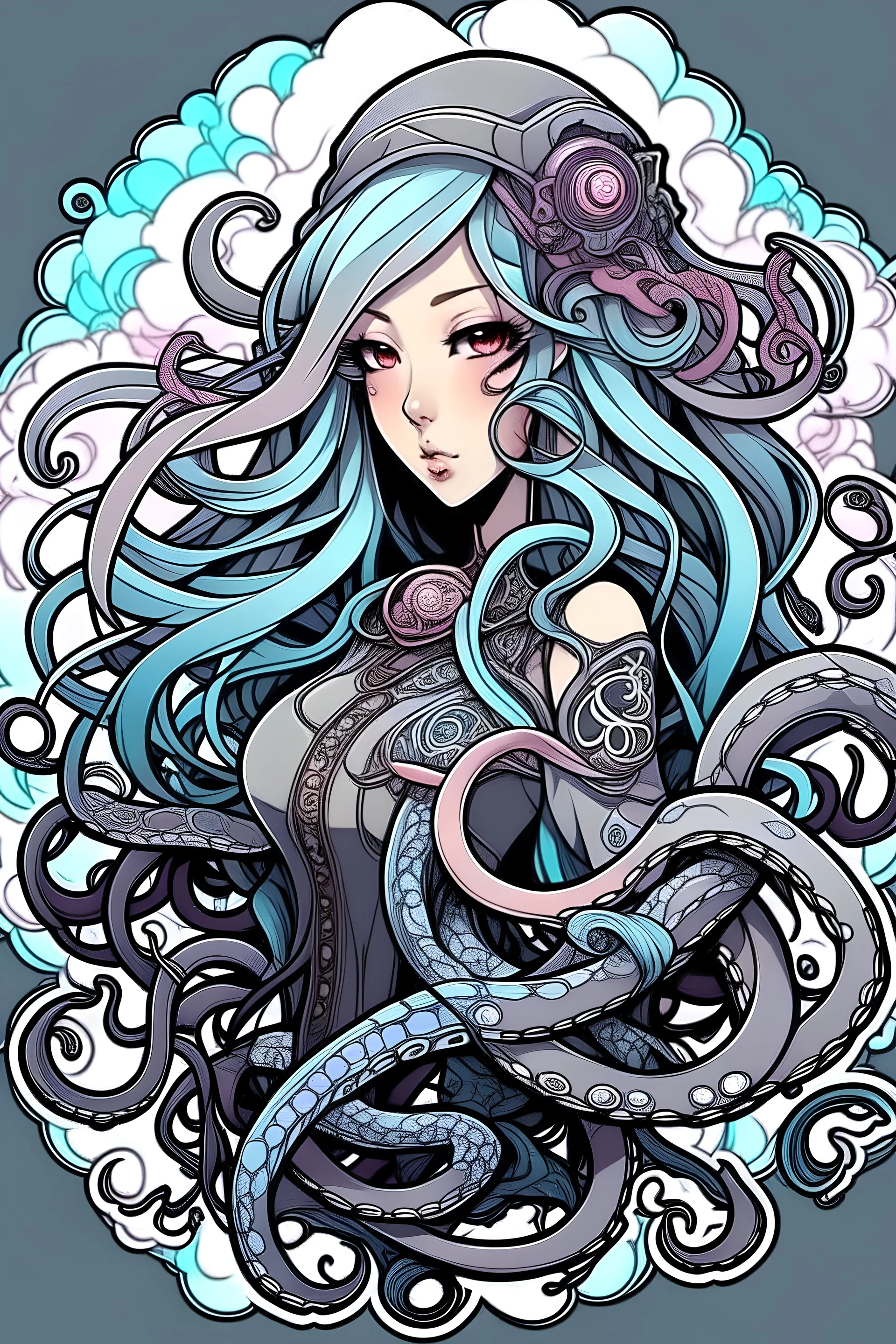 filigree kawaii anime tentacles for a cyberpunk tattoo on a strong and powerful and sexy woman
