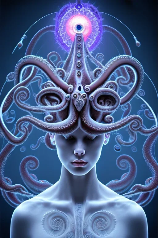 Spiritual being with Tentacles over human Head creating reality around, wrapping Spiral around Human, Psychedelic