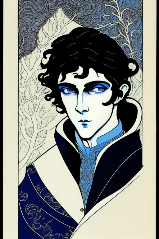 young black haired blue eyed wizard in the style of aubrey beardsley