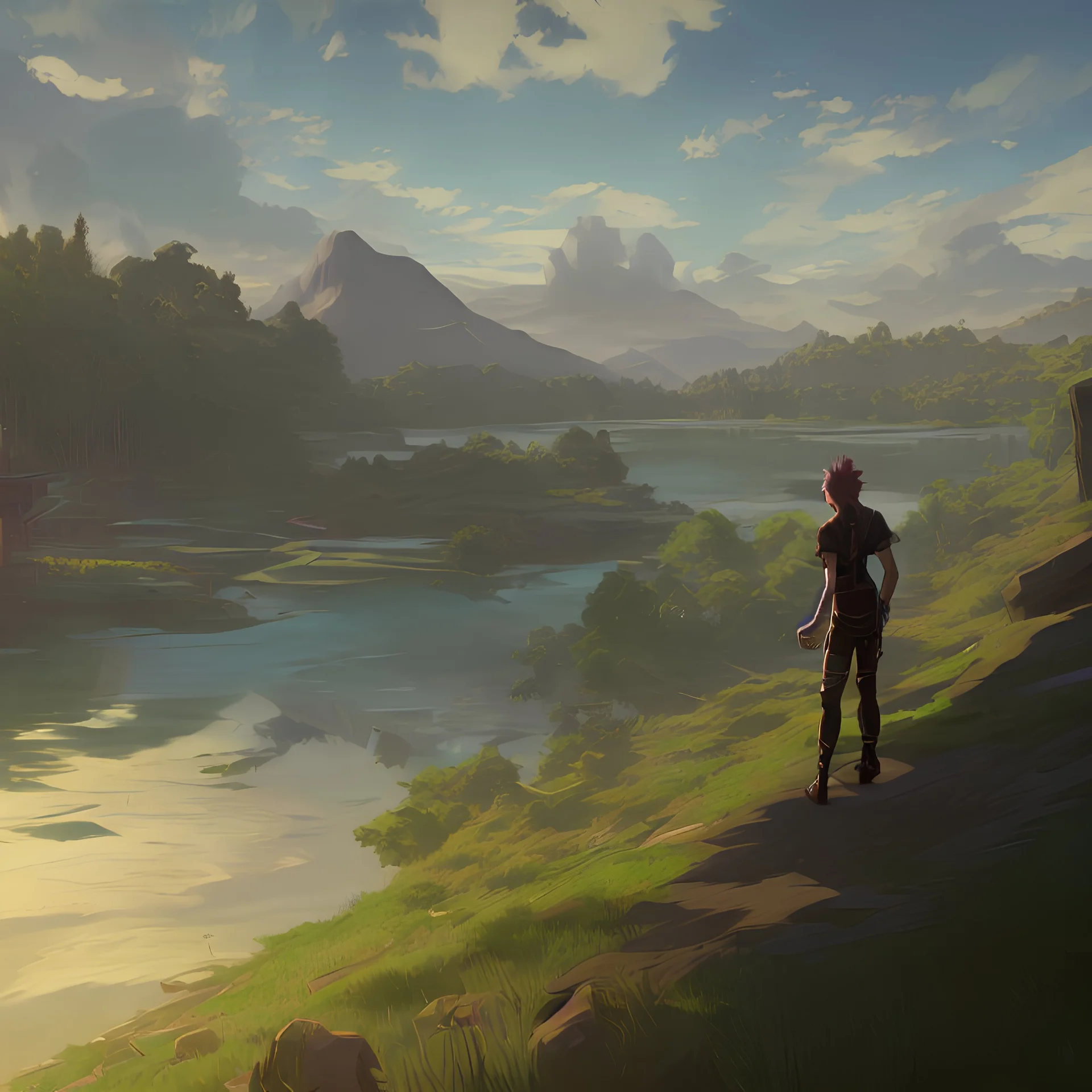 In the anime, a young male character is near the green lake in the sunset afternoon.