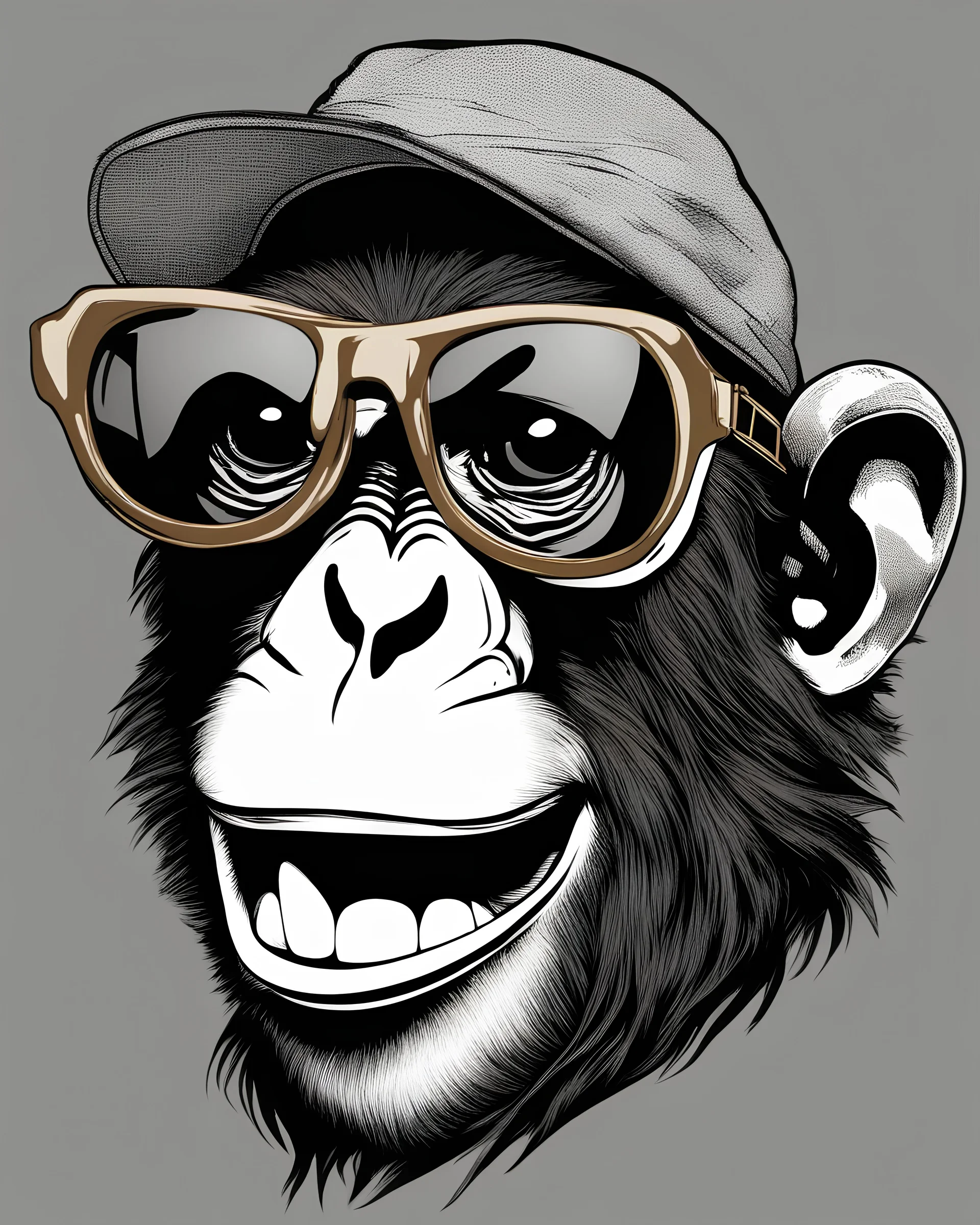 Funny and stylish monkey wearing sunglasses and playing guitar illustration, white background, no shadows and clear and well outlined