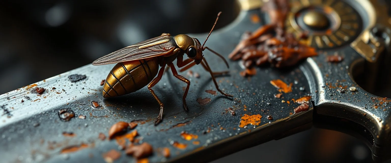 Tiny metallic-eating insect crawling on a corroded sword, macro fantasy realism, detailed textures, dungeon environment, ominous but slightly absurd tone