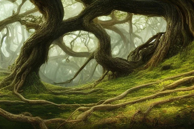 mirkwood, beautiful scenic landscape, ancient wood, vines, lord of the rings, wide angle, super highly detailed, professional digital painting, artstation, concept art, smooth, sharp focus, matte, extreme illustration, unreal engine 5, photorealism, volumetric lighting, volumetric clouds, randomly placed sparse ground fog, uhd, 8k resolution, cinema 4d, 3d, beautiful, cinematic, art by artgerm and greg rutkowski and alphonse mucha and loish and wlop