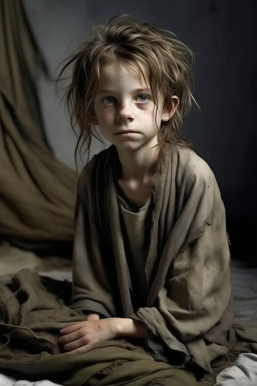 very thin 12 year old girl, dressed in rags, messy haircut, A Cure for Wellness style, full figure