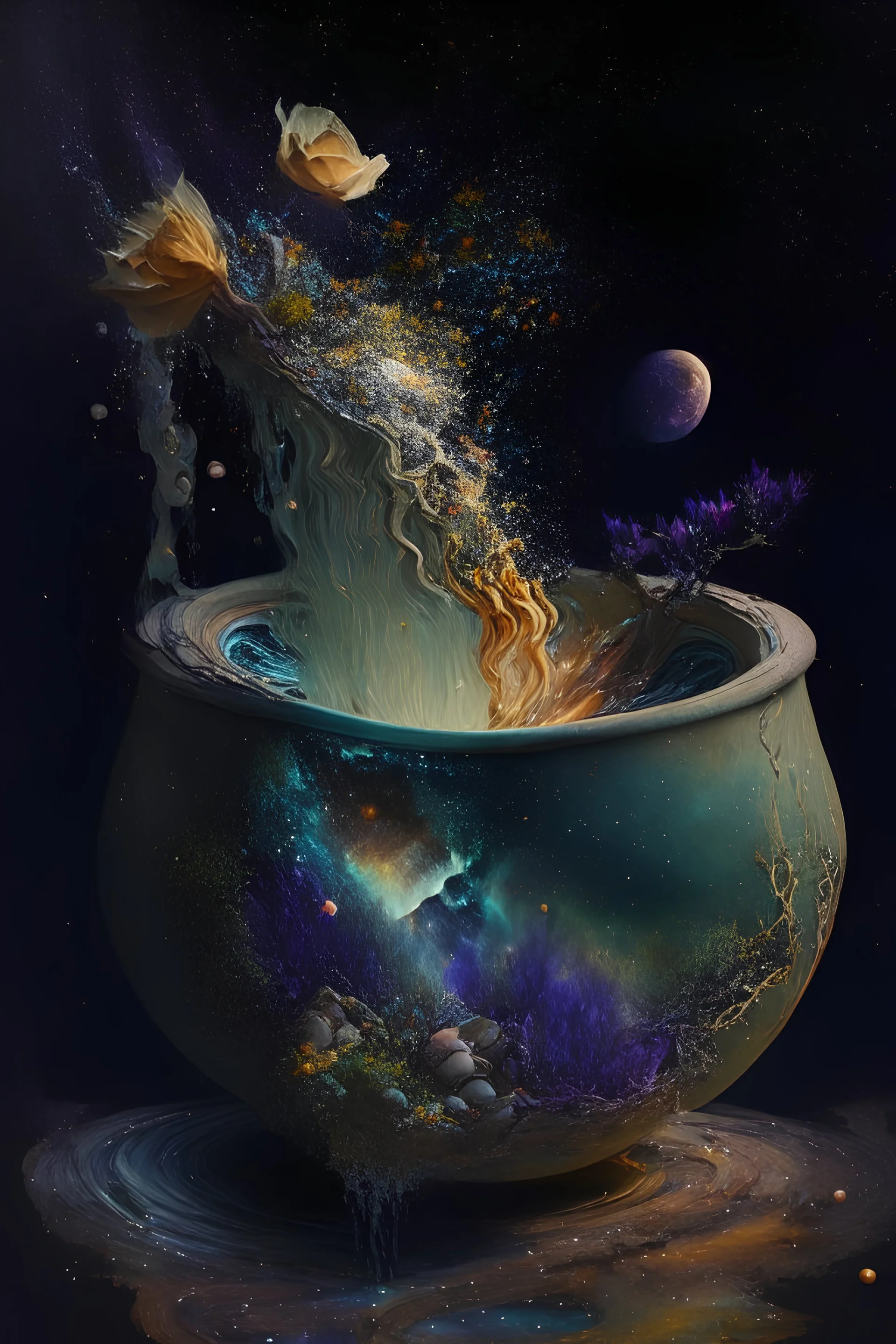 universe meets nature, poured from a pot in the style of annnabel langrish