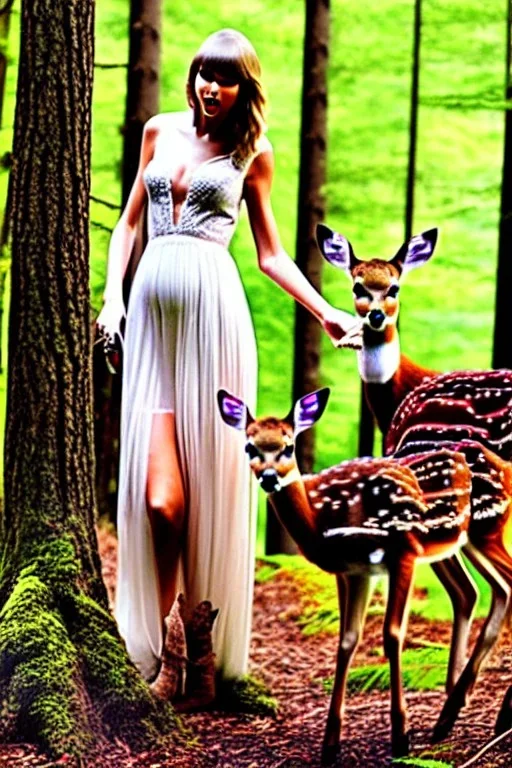 Taylor Swift in the woods raising a baby deer as her own high quality