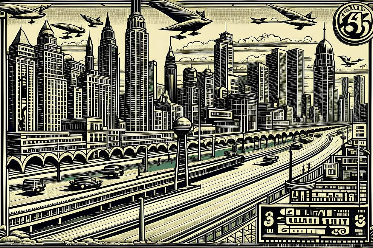 vintage Xylography Chicago, Rt 66 street sign, Sears tower, lakeshore drive, Riverwalk, lake Michigan, Millennium park, street signs, bridge, traffic --exp 90 --profile c9s7l73 --stylize 30